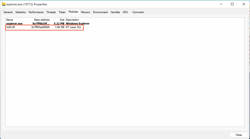 screenshot of DLL that was loaded into it is ntdll.