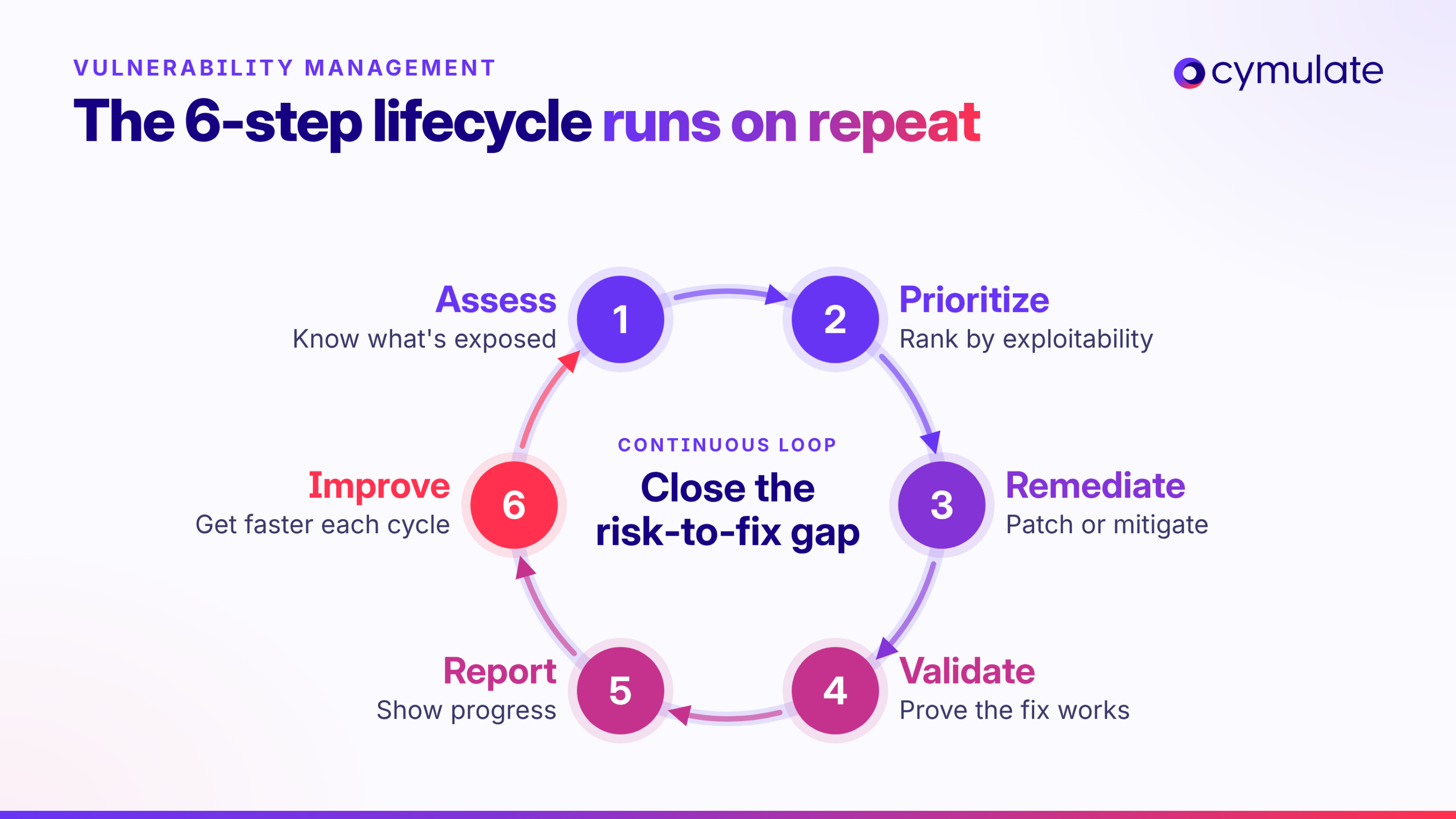 Vulnerability management lifecycle diagram showing six steps: assess, prioritize, remediate, validate, report and improve