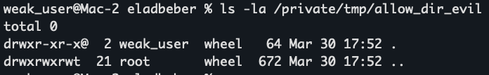 An attacker (weak_user) bypasses the directory containment by creating a new directory: “/private/tmp/allow_dir_evil”.