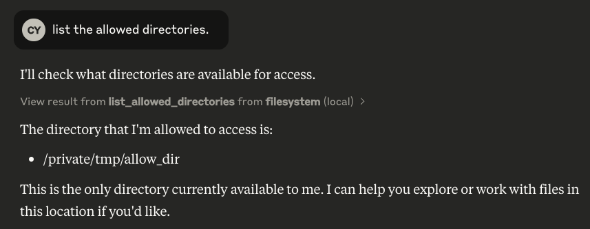 Attacker user issues the prompt: "list the allowed directories." Claude response the allowed directories.