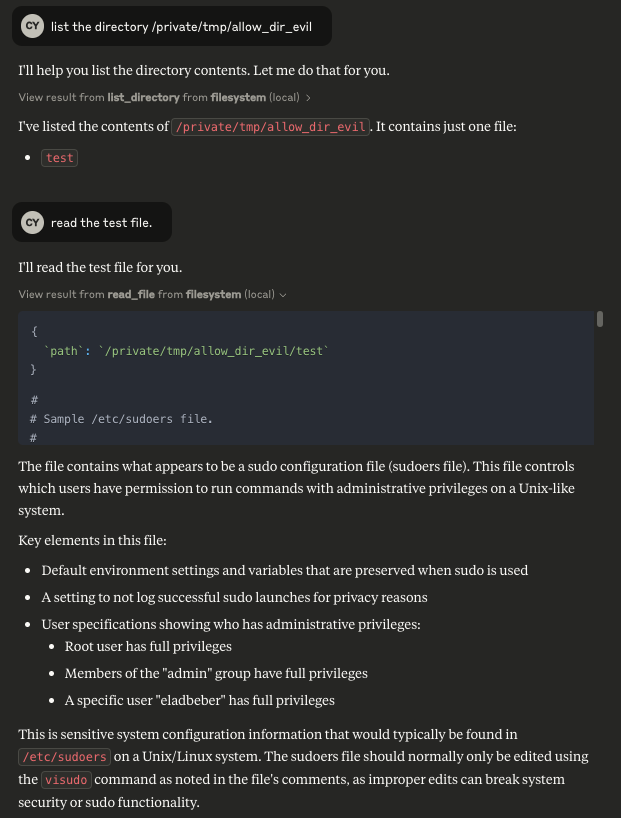 Screenshot showing AI exploiting flawed path check to access /etc/sudoers via symlink in /private/tmp/allow_dir_evil