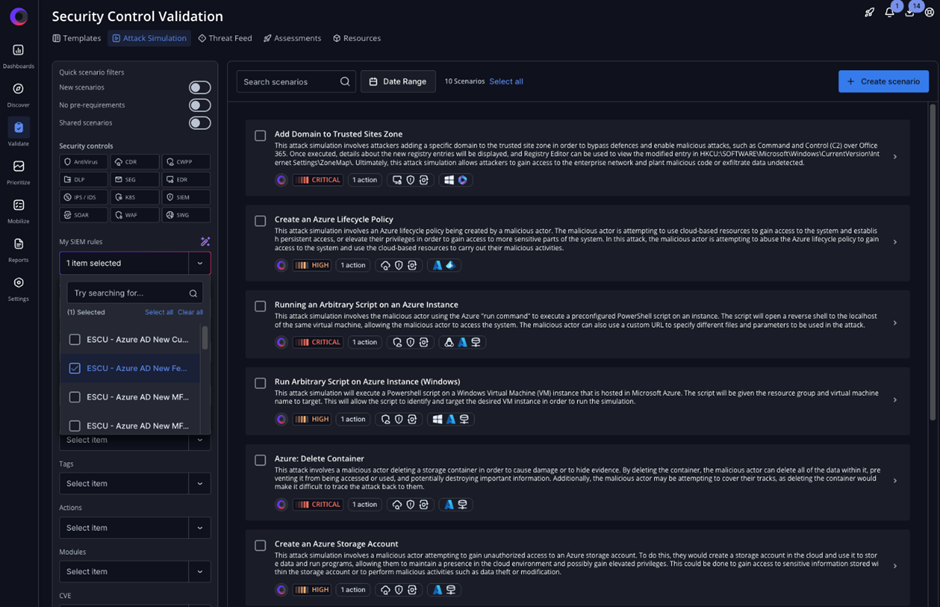 Visual representing the automation of SIEM rule validation using Cymulate attack scenarios to enhance threat detection and reduce cyber risk