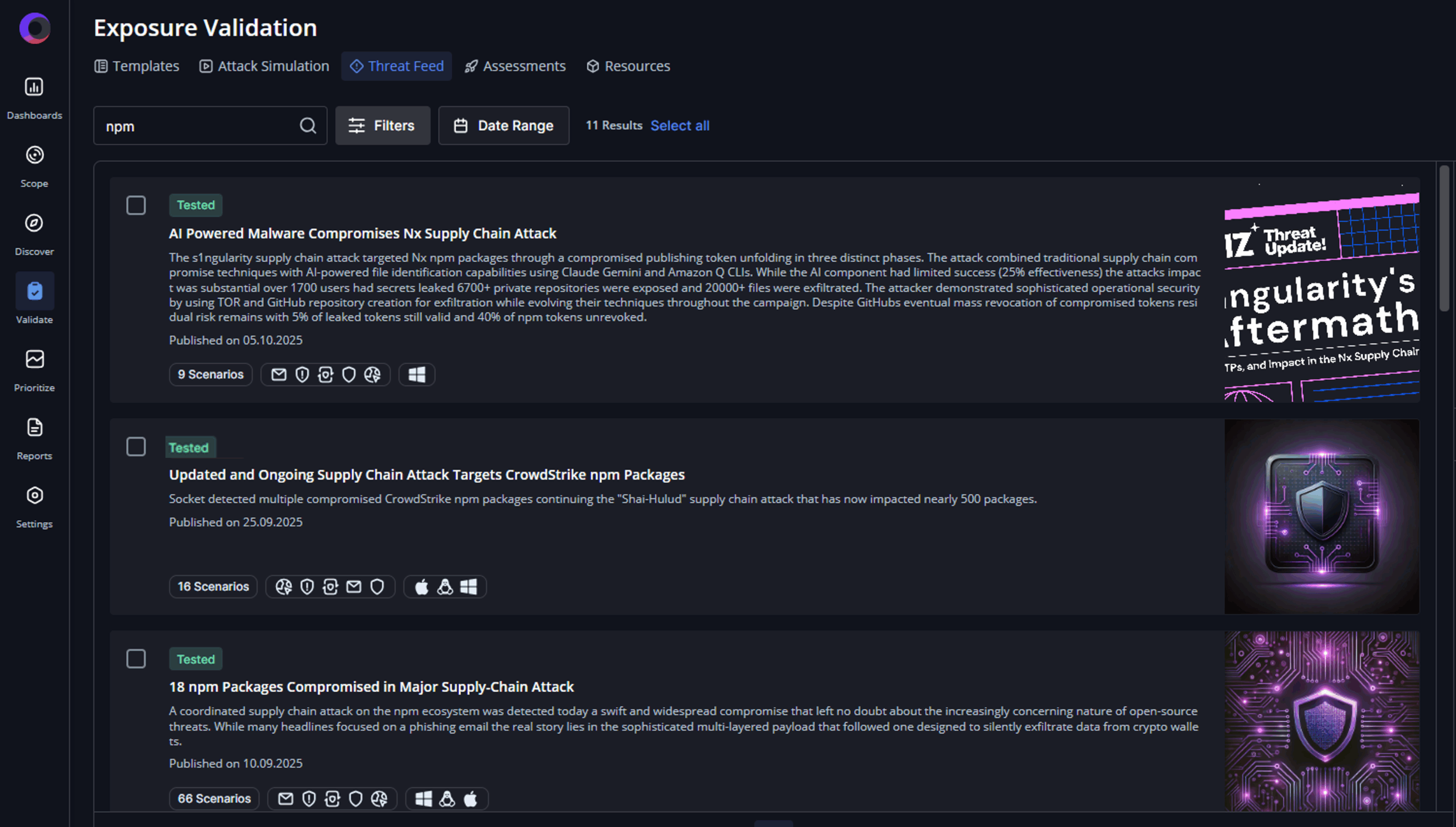 screenshot of cymulate threat feed