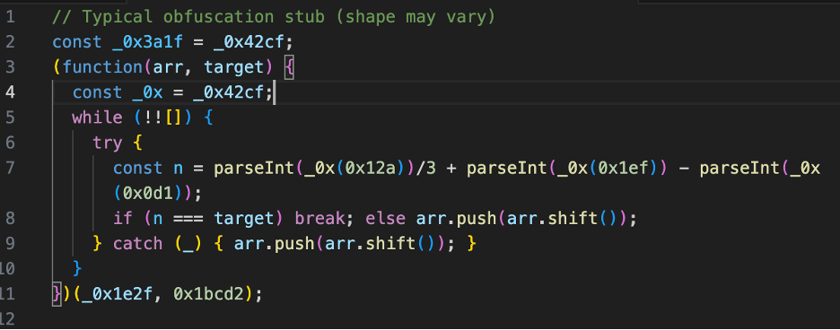 Code snippet showing JS obfuscator bootstrap and search for wallet hooks, crypto regexes, and hard-coded addresses