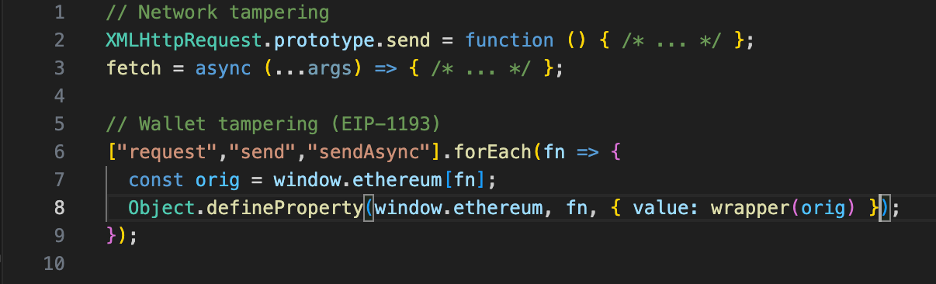 Screenshot showing short JavaScript hooks that indicate suspicious wallet or network activity
