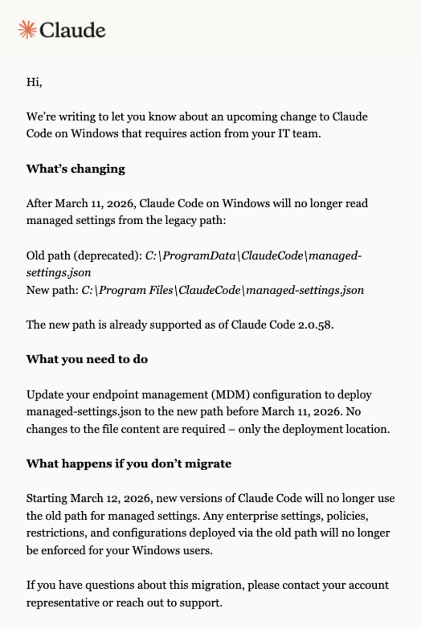 Claude email announcing migration of managed settings on Windows from ProgramData to Program Files by March 2026