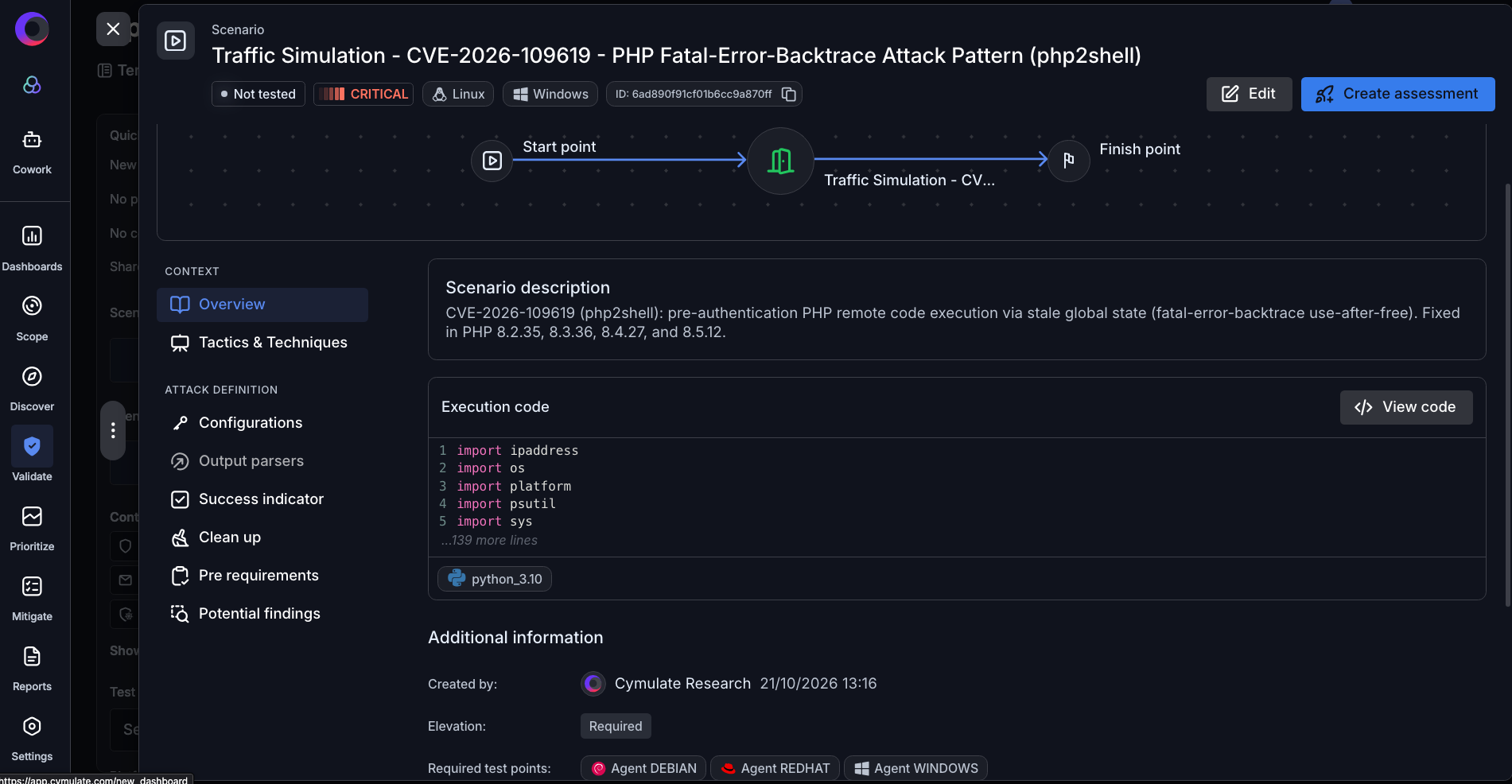 Cymulate PHP2Shell attack simulation for CVE-2026-109619, showing a critical PHP fatal-error-backtrace use-after-free vulnerability, attack timeline, and execution code.