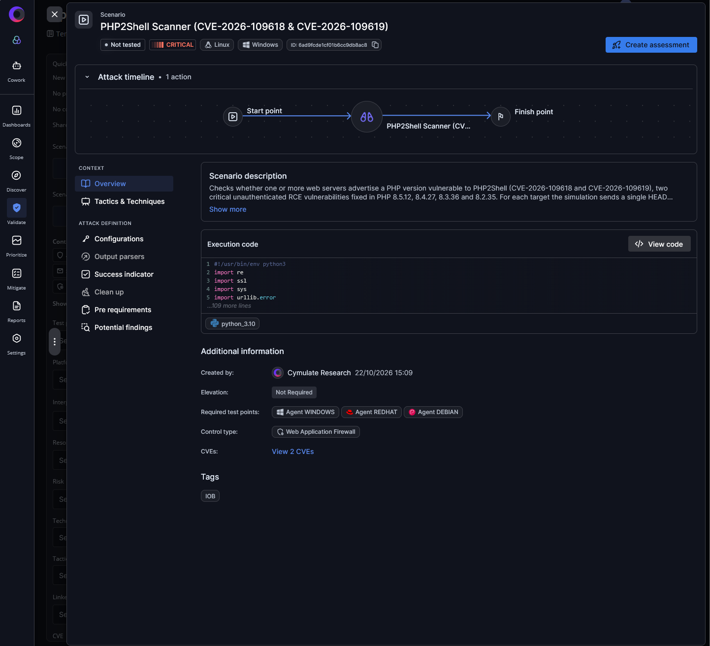 Cymulate PHP2Shell Scanner scenario for CVE-2026-109618 and CVE-2026-109619, showing security validation of web servers for critical PHP remote code execution vulnerabilities.