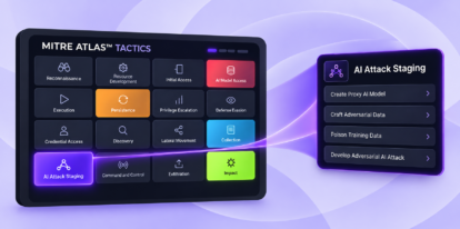 MITRE ATLAS tactics dashboard highlighting AI Attack Staging techniques for securing AI models and systems.