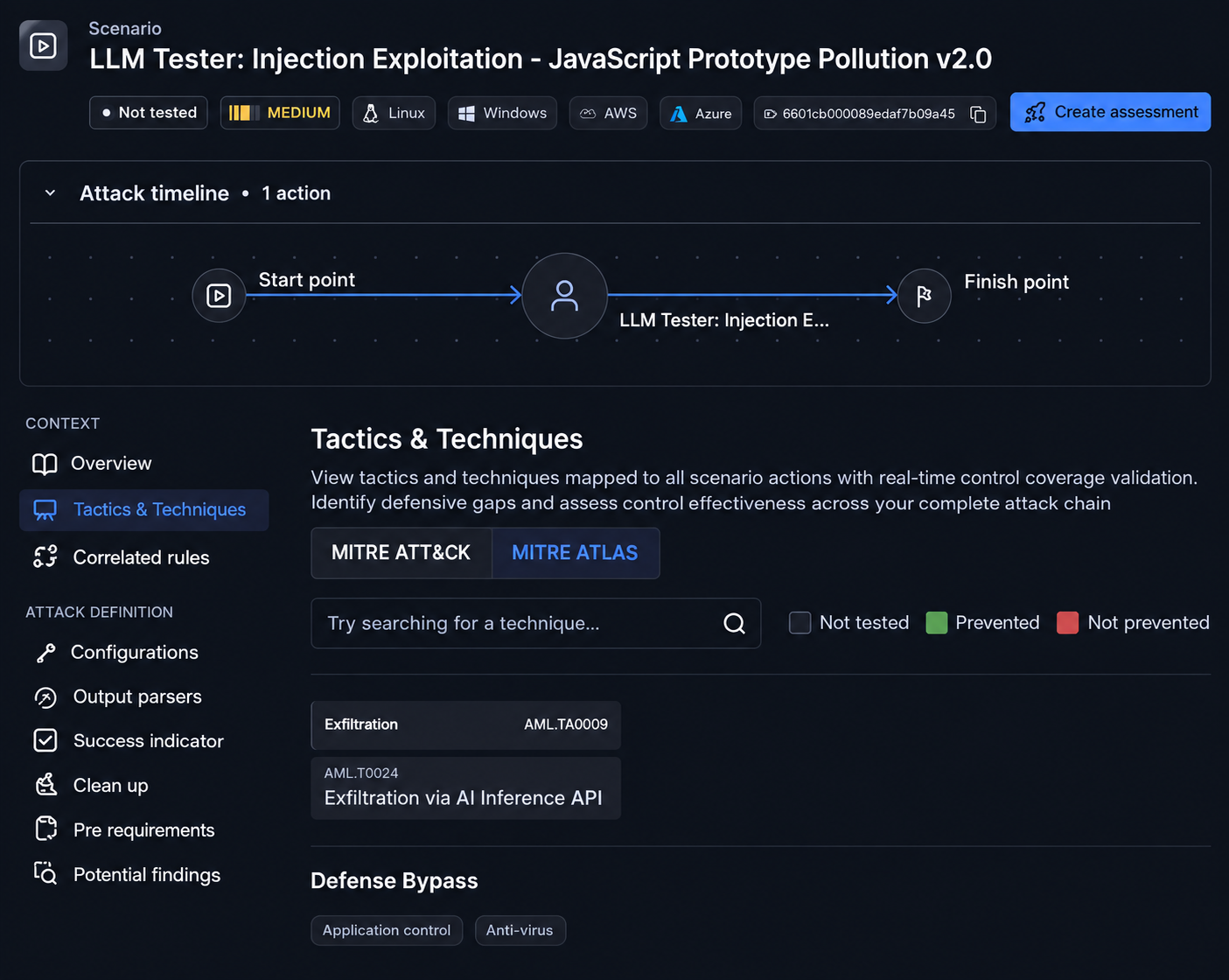 Cymulate LLM Tester scenario mapped to MITRE ATLAS tactics and techniques for AI security validation.